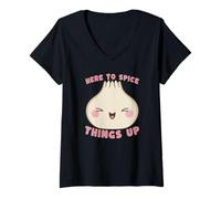 Women's Cute Garlic Here to Spice Things Up Foodie Humor V-Neck T-Shirt