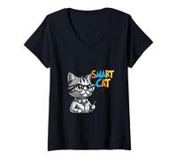 Women's Cute Genius Cat Teacher Cartoon Illustration V-Neck T-Shirt