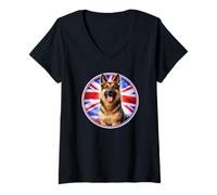Women's Cute German Shepherd Dog Puppy England UK Flag V-Neck T-Shirt