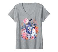 Women's Cute Ghost Black Cat Spell Book Pumpkin Halloween Art V-Neck T-Shirt