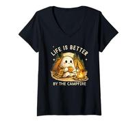 Women's Cute Ghost Bonfire Camping V-Neck T-Shirt