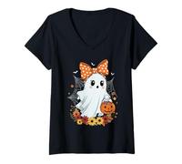 Womens Cute Ghost Coquette Bow Spooky Trick or Treat Halloween V-Neck T-Shirt