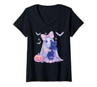 Womens Cute Ghost Coquette Pink Bow Black Cat Kawaii Pastel Girl V-Neck T-Shirt