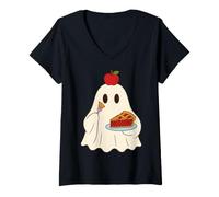 Women's Cute Ghost Eating Pie Halloween Fall Autumn Apple Lover V-Neck T-Shirt