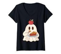 Women's Cute Ghost Eating Pie Halloween Fall Autumn Apple Lover V-Neck T-Shirt