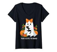 Womens Cute Ghost for Little Girls Kawaii Coquette Halloween Cat V-Neck T-Shirt