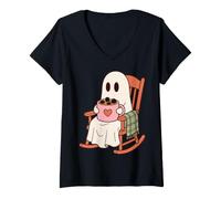 Women's Cute Ghost Hot Cocoa Cozy Comfort Theme V-Neck T-Shirt