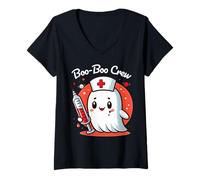 Womens Cute Ghost Nurse Kawaii Boo-Boo Crew Pediatric Halloween V-Neck T-Shirt