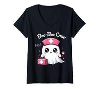 Womens Cute Ghost Nurse Kawaii Boo-Boo Crew Pediatric Halloween V-Neck T-Shirt
