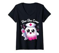 Womens Cute Ghost Nurse Kawaii Boo-Boo Crew Pediatric Halloween V-Neck T-Shirt