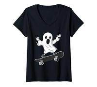 Womens Cute Ghost On Skateboard Funny Halloween Skater V-Neck T-Shirt