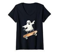 Womens Cute Ghost On Skateboard Funny Halloween Skater V-Neck T-Shirt