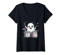 Womens Cute Ghost Playing Drums Funny Halloween Drummer V-Neck T-Shirt