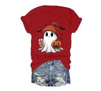 Womens Cute Ghost Reading Books Halloween Shirt Spooky Pumpkin Graphic T Shirts Short Sleeve Tees Funny Loose Fit Tshirt Bookish Halloween Costume #A08 Red M