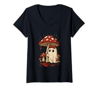 Womens Cute Ghost with Red Mushroom Hat V-Neck T-Shirt