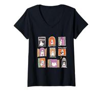 Womens Cute Ghostly Windows Hand Drawn Halloween Kawaii Cartoon V-Neck T-Shirt
