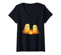 Womens Cute Ghosts Campfire Cozy Halloween Scene V-Neck T-Shirt
