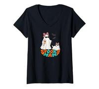 Women's Cute Ghosts Walking Her Ghost Dog V-Neck T-Shirt