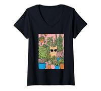 Women's Cute Ginger Tabby Cat with Sunglasses Houseplants Botanical V-Neck T-Shirt