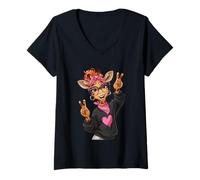 Women's Cute Giraffe Peace Sign Funny Animal Graphic Playful Vibrant V-Neck T-Shirt