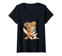Women's Cute Girl Angel Open Book Reading Child Graphic Round Bow V-Neck T-Shirt