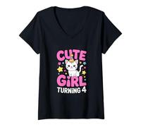 Women's Cute Girl Turning 4 Kitten Fourth Birthday V-Neck T-Shirt