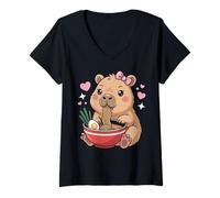 Womens Cute Girls Capybara Ramen Kawaii Tea Kawaii Capy Lover Kids V-Neck T-Shirt