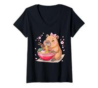 Womens Cute Girls Capybara Ramen Kawaii Tea Kawaii Capybara Lover V-Neck T-Shirt