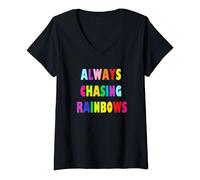 Womens Cute Girly Always Chasing Rainbows V-Neck T-Shirt