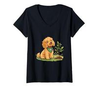 Womens Cute Goldendoodle Dog Planting Flowers Earth Day Puppy V-Neck T-Shirt