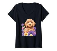Women's Cute Goldendoodle Doodle Dog Floral Design V-Neck T-Shirt
