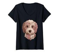 Women's Cute Goldendoodle Patchwork Floral Dog Boho Folk Art Graphic V-Neck T-Shirt