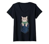 Womens Cute Gray Cat Peeking Out of Pocket Illusion V-Neck T-Shirt