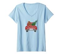 Women's Cute Grizzly Bear Christmas Tree Car Bears Wildlife Mountain V-Neck T-Shirt