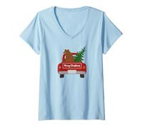 Women's Cute Grizzly Bear Christmas Tree Car Bears Wildlife Mountain V-Neck T-Shirt