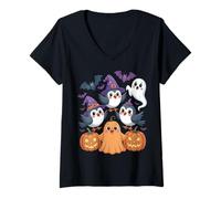 Womens Cute Halloween Birds with Pumpkins Ghost and Bats V-Neck T-Shirt