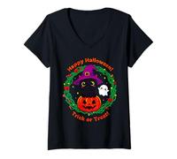 Womens Cute Halloween Black Cat with a Witch Hat Funny Design V-Neck T-Shirt