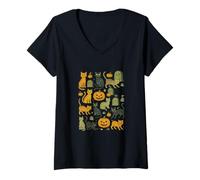 Womens Cute Halloween Cats Pattern with Pumpkins and Spooky Charm V-Neck T-Shirt