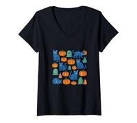 Womens Cute Halloween Cats Pattern with Pumpkins and Spooky Charm V-Neck T-Shirt