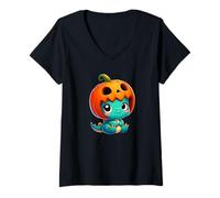 Womens Cute Halloween Dino T-Rex in Pumpkin Hat V-Neck T-Shirt