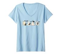 Womens Cute Halloween Ghosts with Black Cats Stars and Bats Fun Cat V-Neck T-Shirt