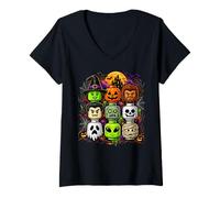 Women's Cute Halloween Monster Faces Witch Ghost Zombie Mummy V-Neck T-Shirt