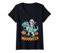 Womens Cute Halloween Mummy Riding Dinosaur Pumpkins for Kids V-Neck T-Shirt