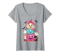 Women's Cute Halloween Pumpkin Ghost Black Cat Floral Autumn Decor V-Neck T-Shirt
