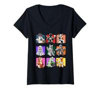 Womens Cute Halloween Quilt Ghosts Kawaii Spooky Witch & Cat V-Neck T-Shirt