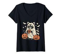 Womens Cute Halloween Raccoon Ghost Spooky Pumpkin V-Neck T-Shirt