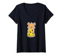 Womens Cute Hamster Hugging Pizza Slice V-Neck T-Shirt