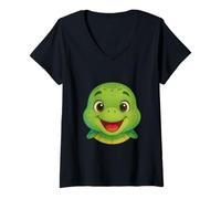 Womens Cute Happy Cartoon Turtle Face Illustration V-Neck T-Shirt