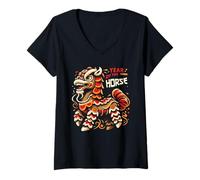 Womens Cute Happy Chinese Lunar New Year of The Horse 2026 Youth V-Neck T-Shirt