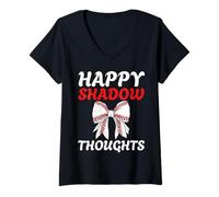 Women's Cute Happy Shadow Thoughts Baseball Coquette Bow Dark Humor V-Neck T-Shirt